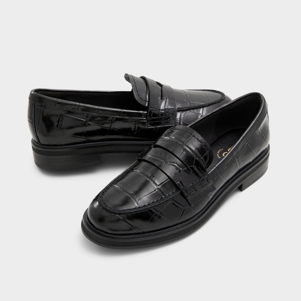 Aldo Black Croc-Embossed Penny Loafers